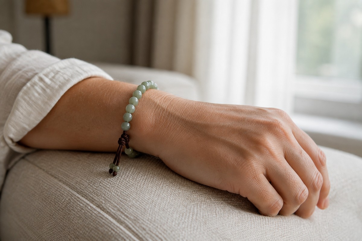 A pale green bead bracelet with a brown cord worn on a relaxed wrist.