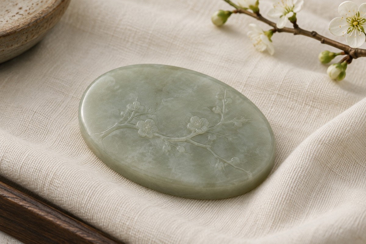 A pale green jade plaque carries a very shallow flowering branch.
