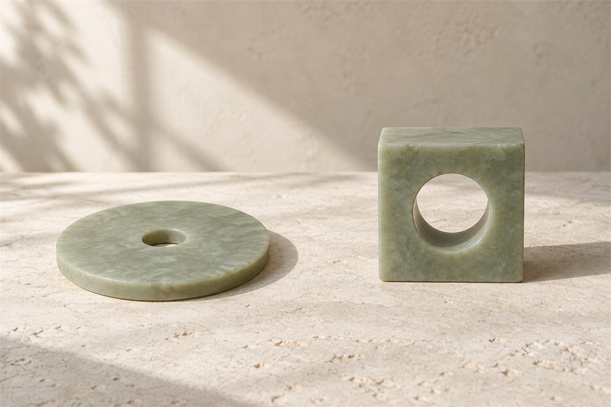 A circular stone disk and square stone model each have a round opening.