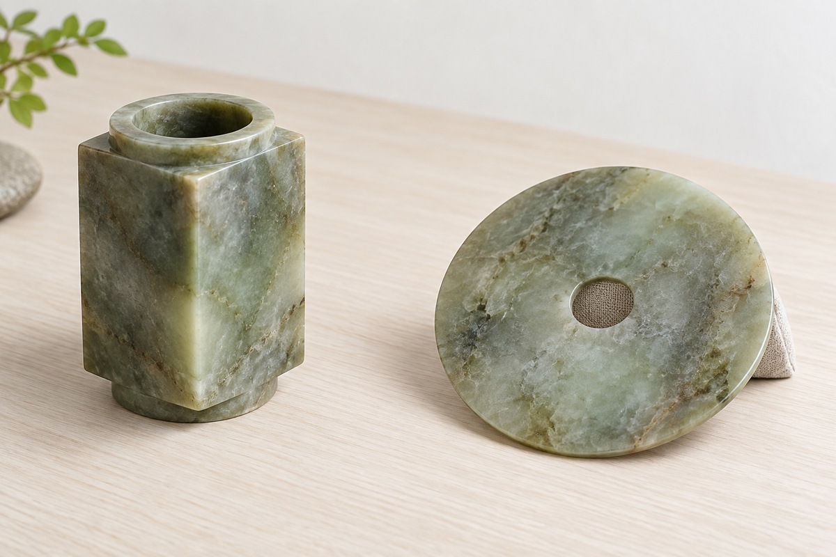 Square-sided jade cong beside a flat circular jade bi disc