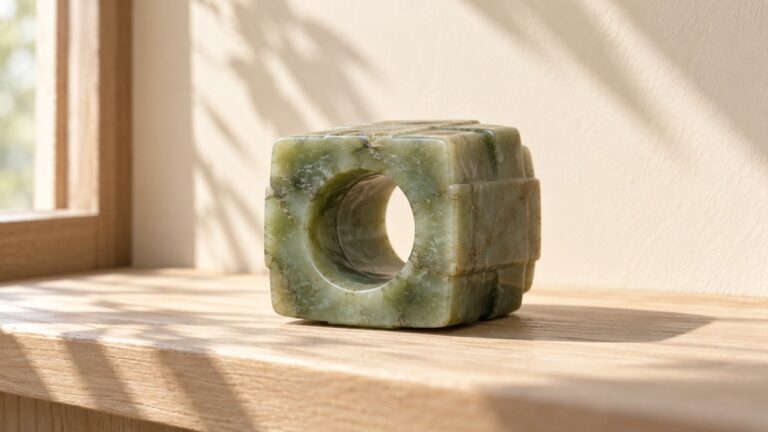 Short green jade cong resting on pale wood in soft window light