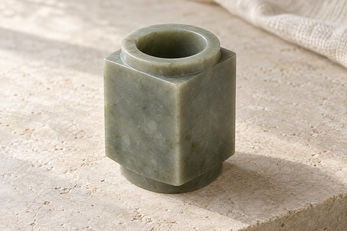 Sage-green square-sided jade cong with a circular opening on pale stone