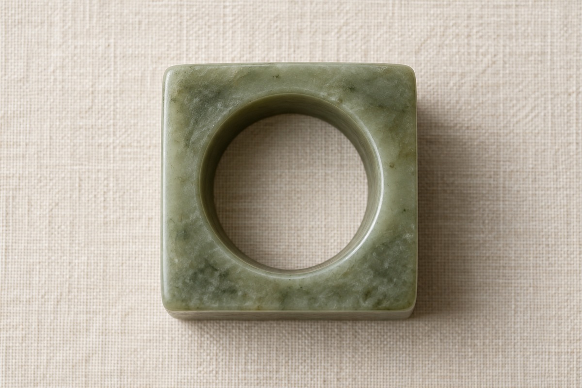 Overhead view of a jade cong showing its square exterior and circular bore