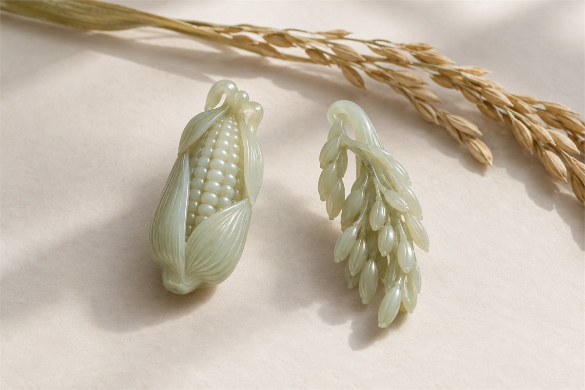 A jade corn-ear pendant and a slender jade rice-panicle pendant lie beside a real dried rice stalk.