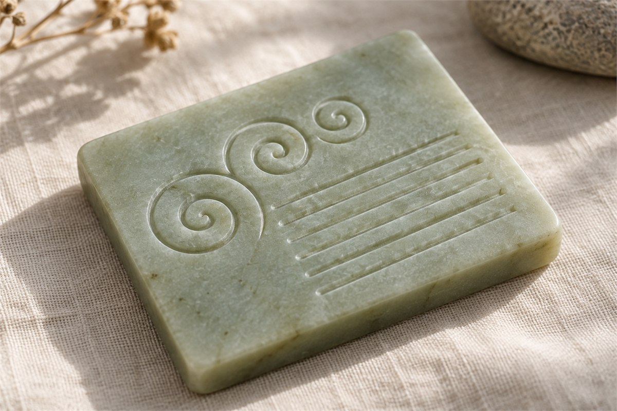 Three spiral grooves and parallel lines cross a pale green stone practice tile.