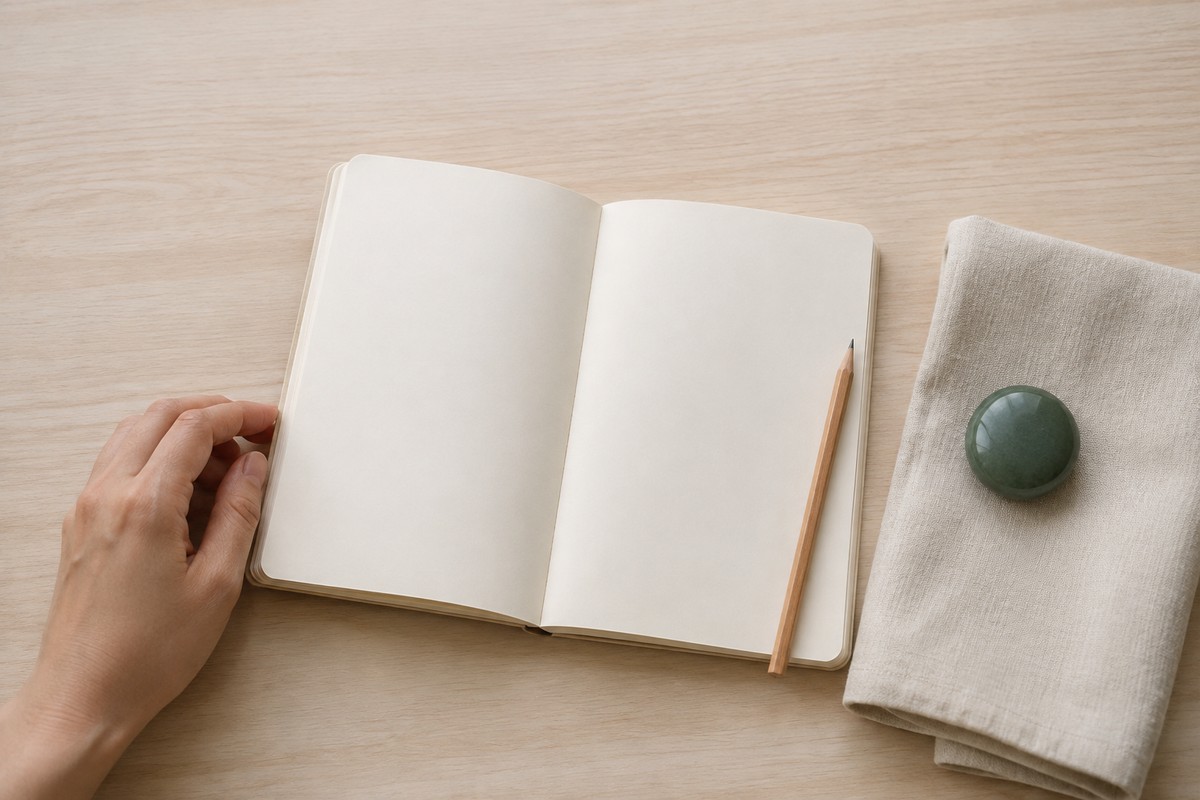 An open blank journal, pencil, and green stone on folded cloth beside a resting hand.