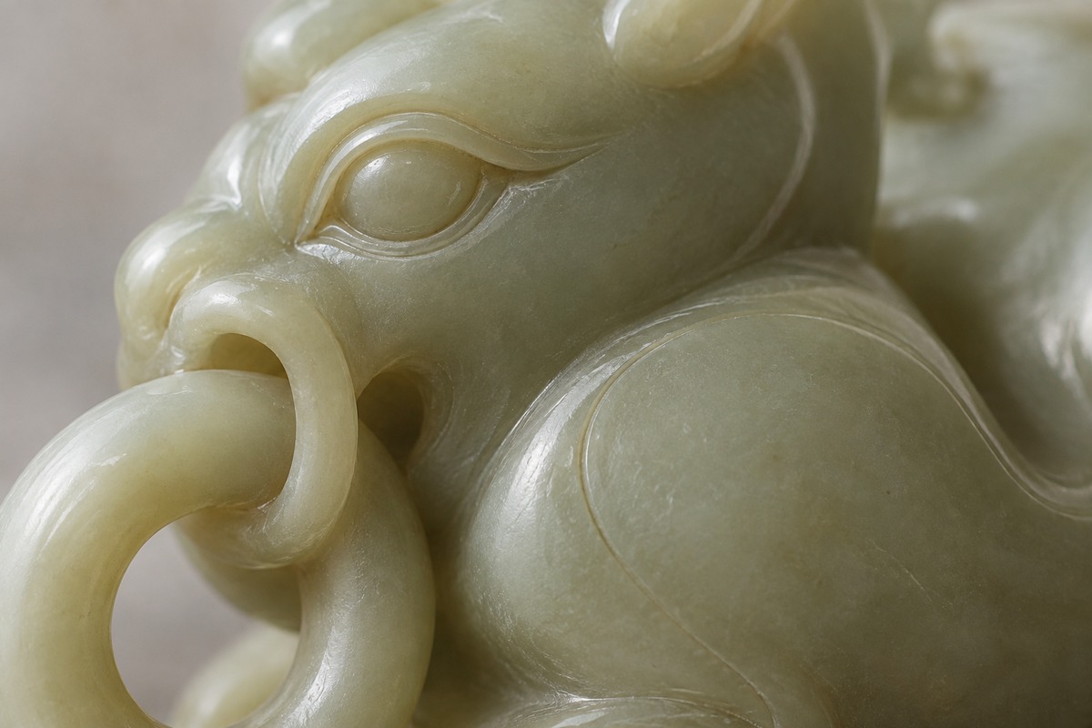 Close view of fine recessed lines around the eye and shoulder of a jade animal carving.