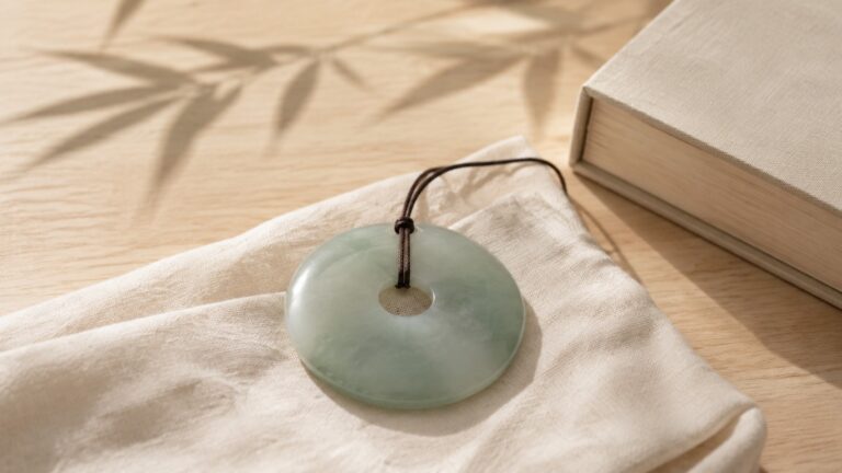 A pale green circular pendant on ivory linen beside a closed clothbound book.