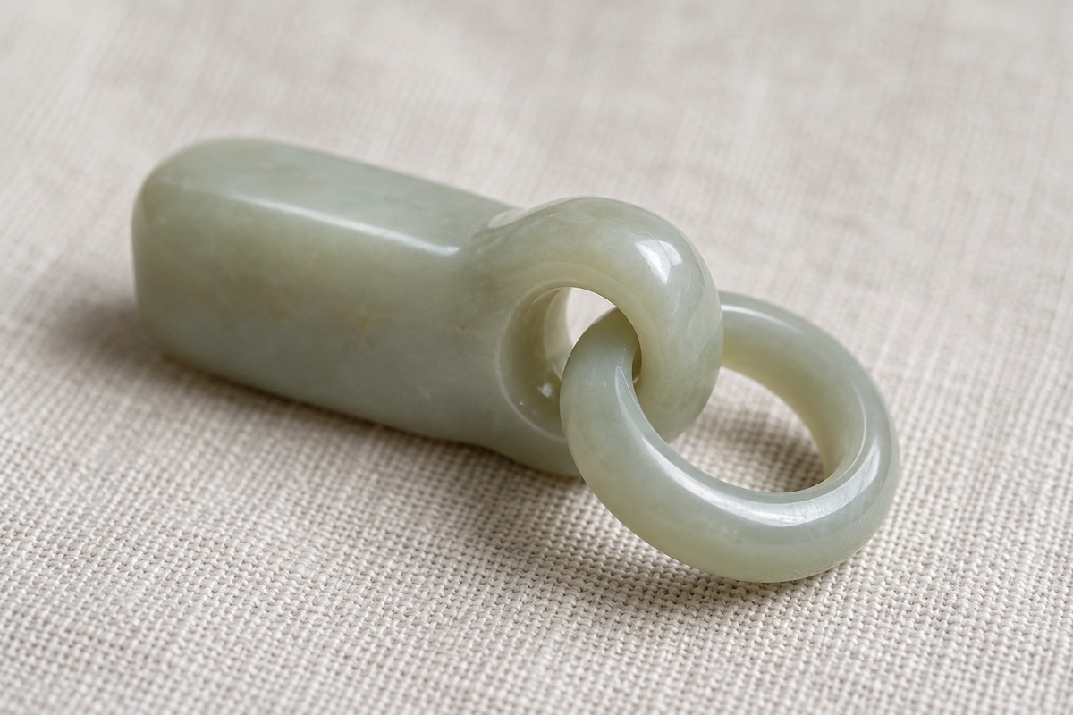 Separate closed jade ring interlocked through an eyelet on an oblong jade body.