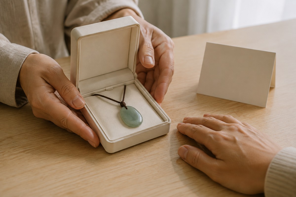 Hands offer an open ivory box containing an oval green pendant across a table.