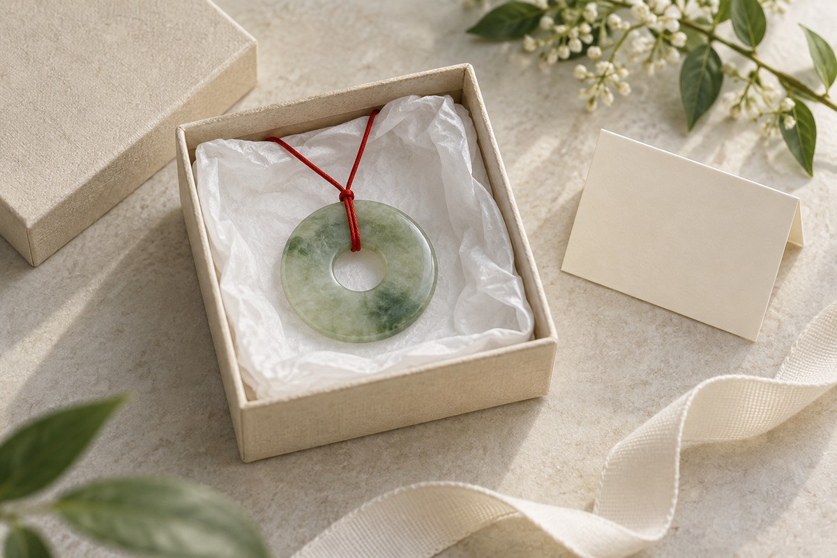An open paper gift box holds a small jade disc pendant beside a folded blank card.