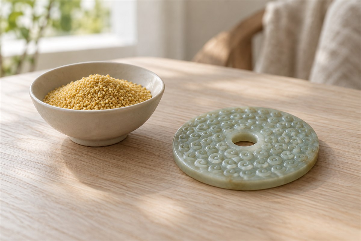 A grain-pattern jade disc rests beside a small ceramic bowl of dry grain on a light wooden table.
