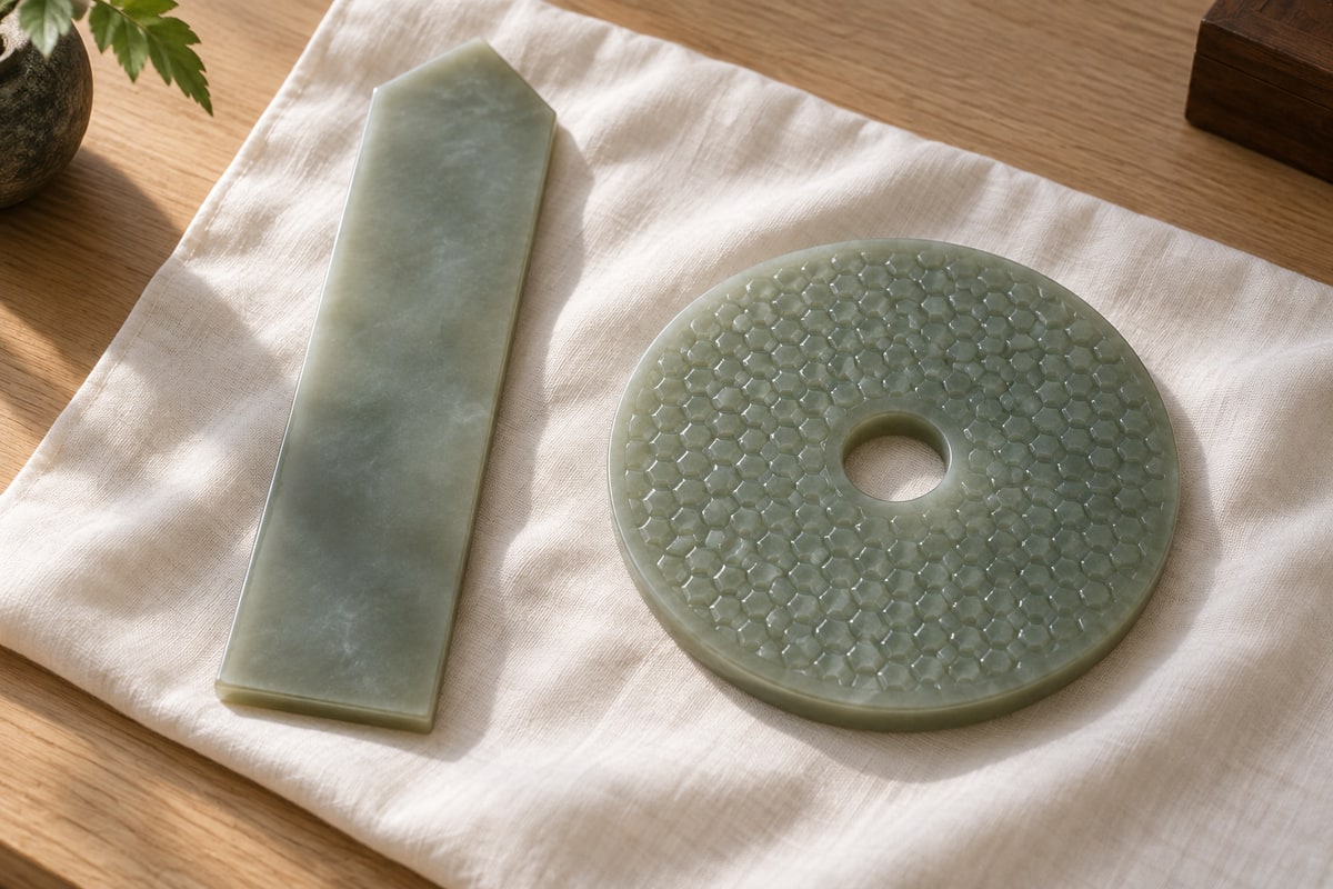 Modern jade gui tablet and puwen bi disc lying side by side on ivory fabric