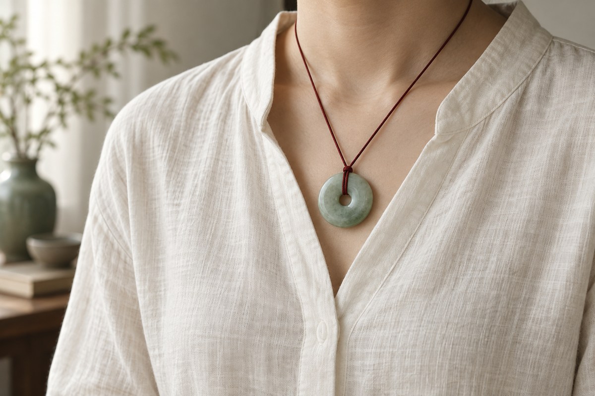 A person in a plain cream shirt wears a small jade disc on a dark red cord.