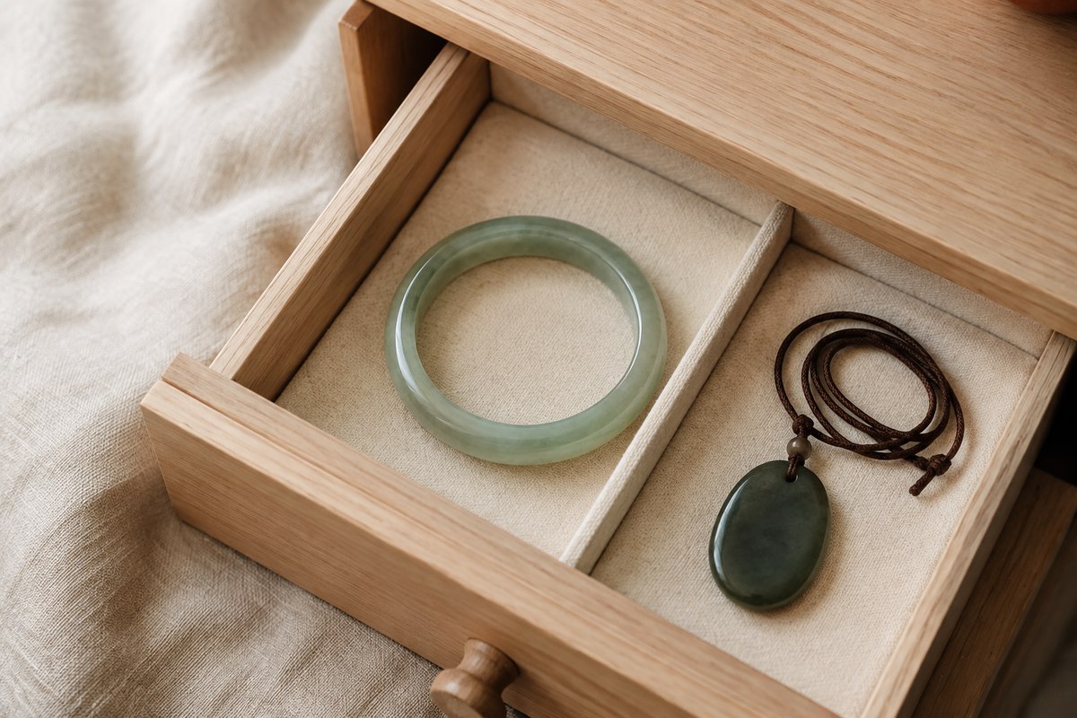 A green bangle and an oval pendant in separate fabric-lined drawer compartments.