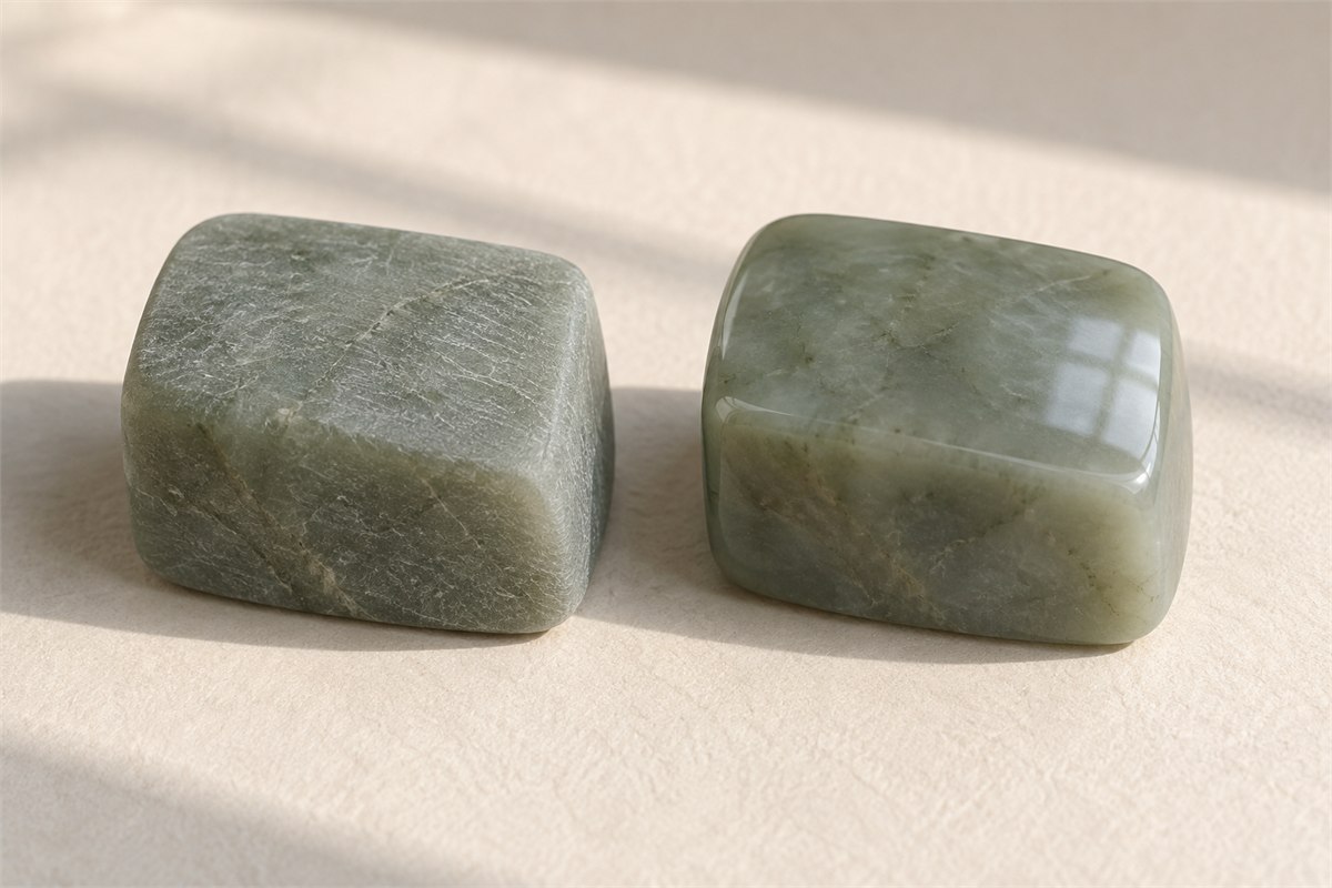 Two green stone samples show a matte finish and a softly reflective polished finish.