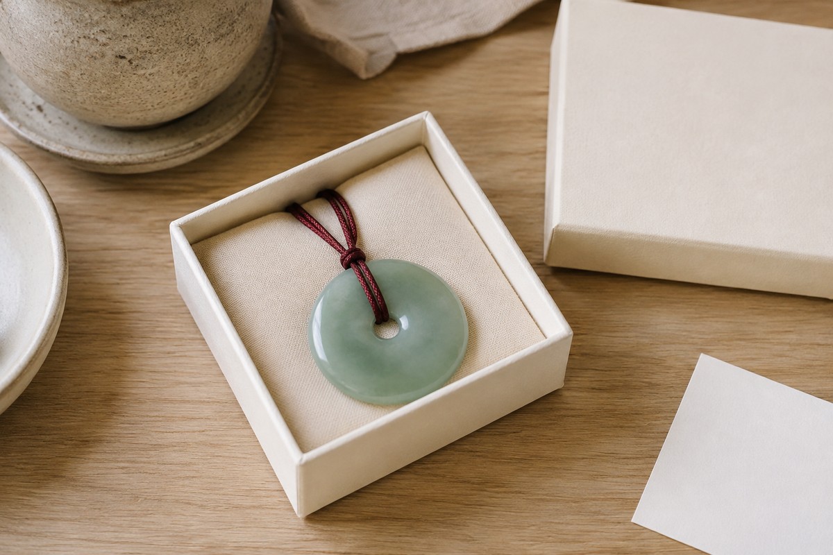 A green circular pendant on burgundy cord in an ivory gift box beside a blank card.