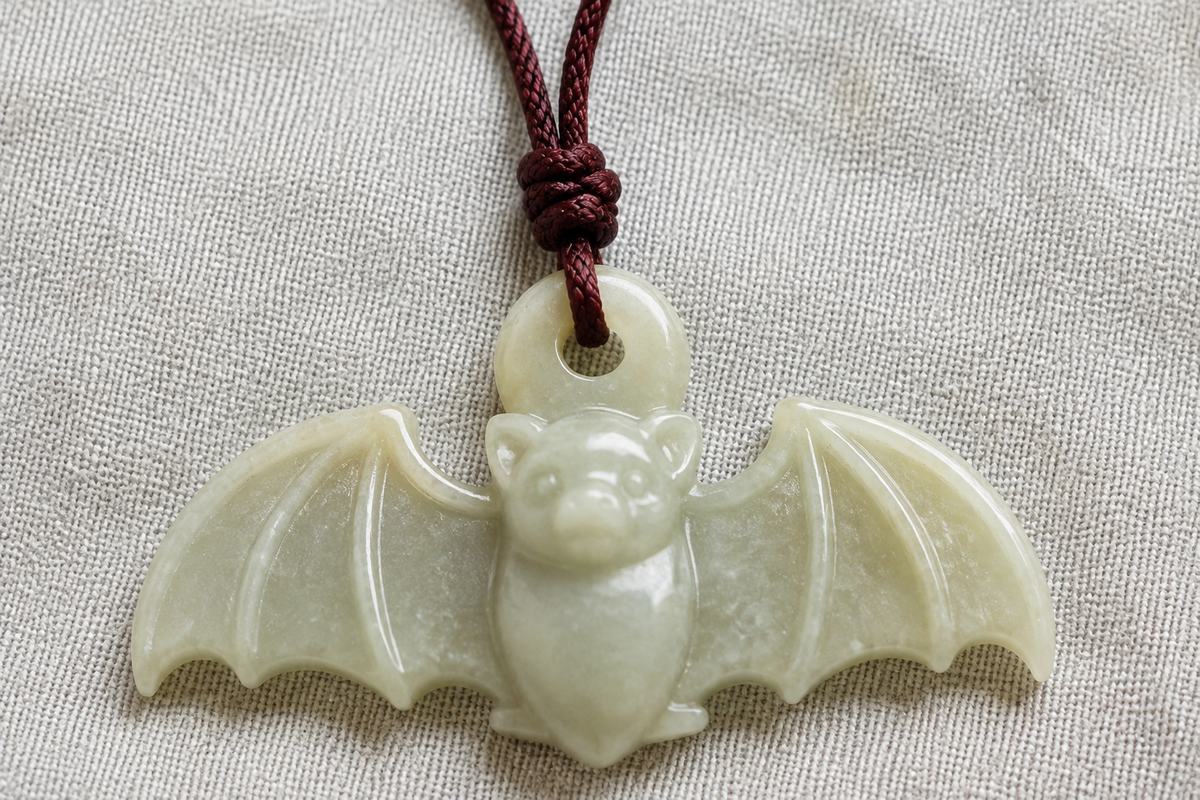 Close view of a cord passing through a smooth hole in a jade bat pendant.