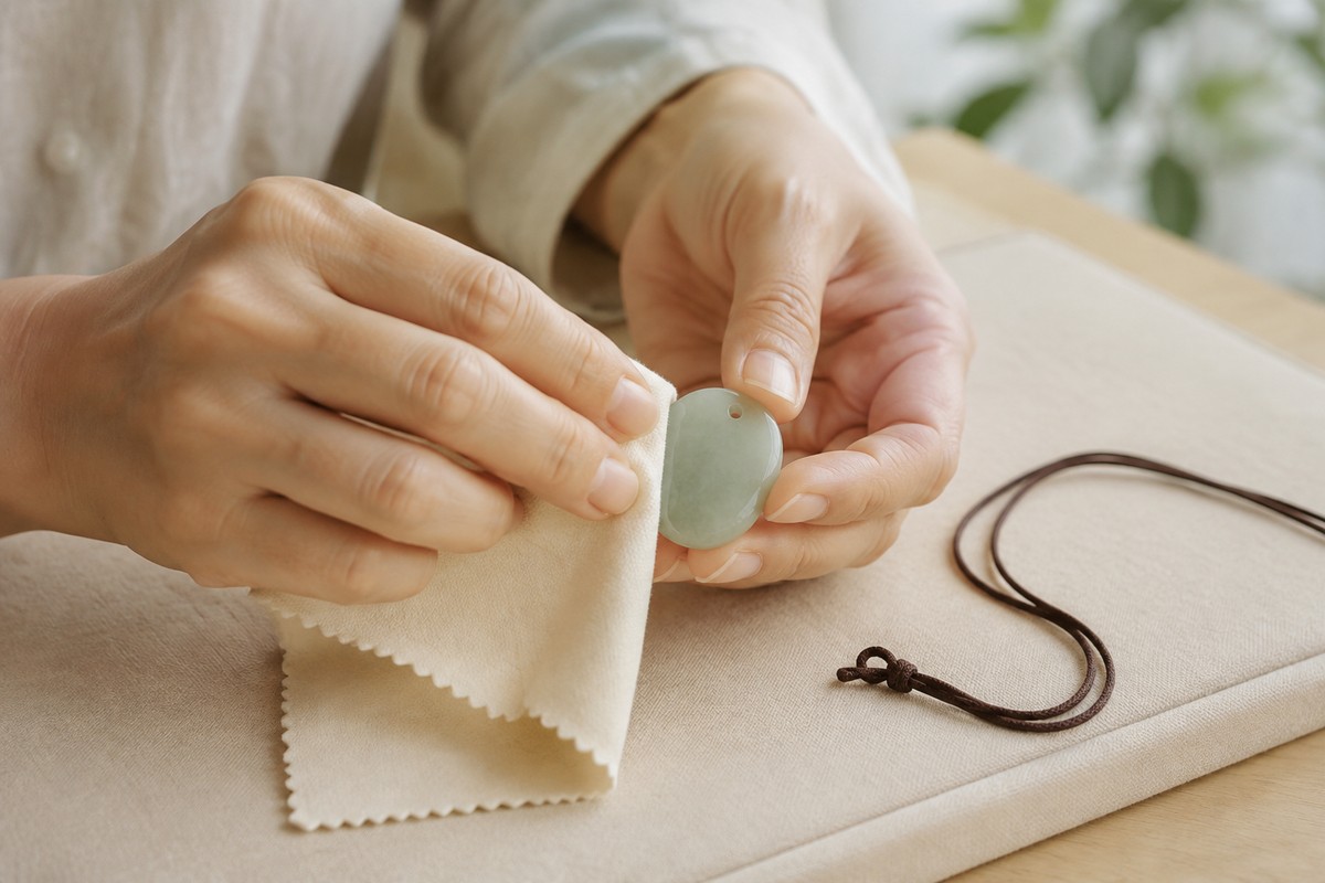Hands gently wipe a pale green oval pendant with a soft cloth above a padded mat.