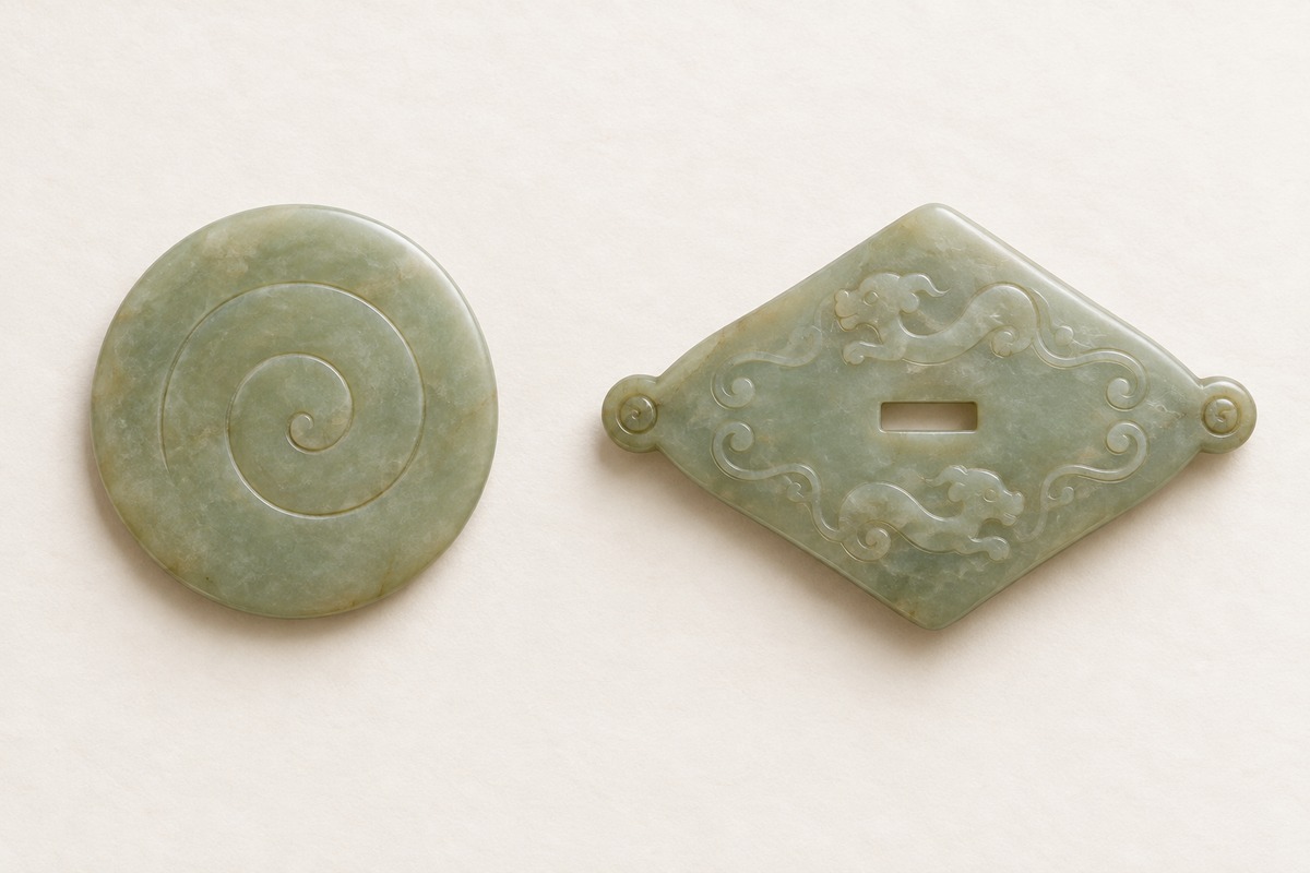 Circular jade pommel study beside a lozenge-shaped guard with a narrow central tang slot.