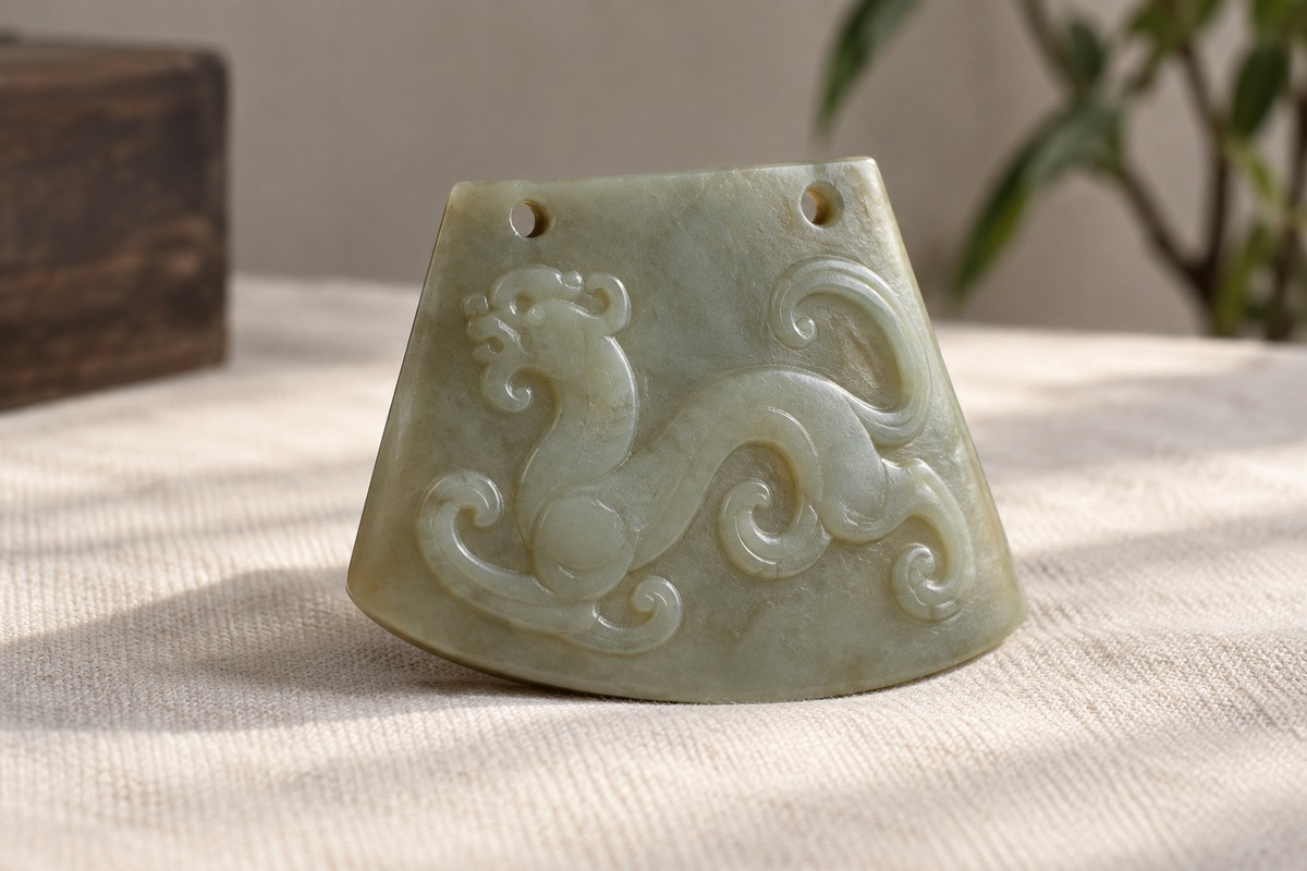 Trapezoidal jade chape study with two upper attachment holes and shallow chi ornament.