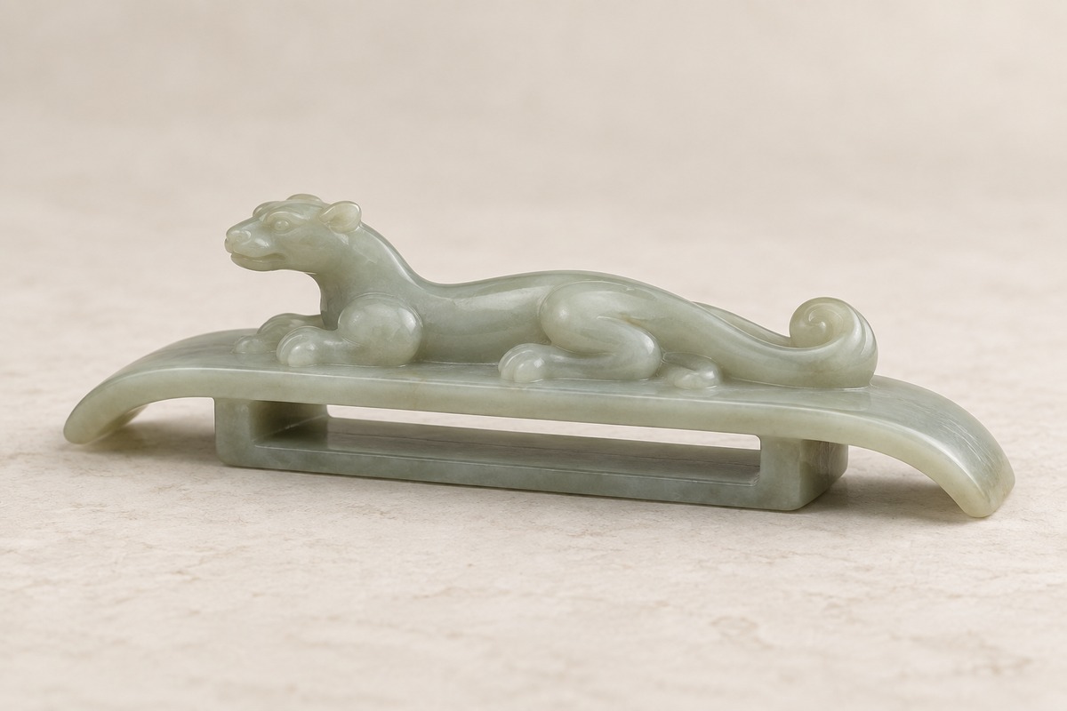 Jade scabbard-slide study with a raised chi, downturned ends, and a rectangular underside passage.