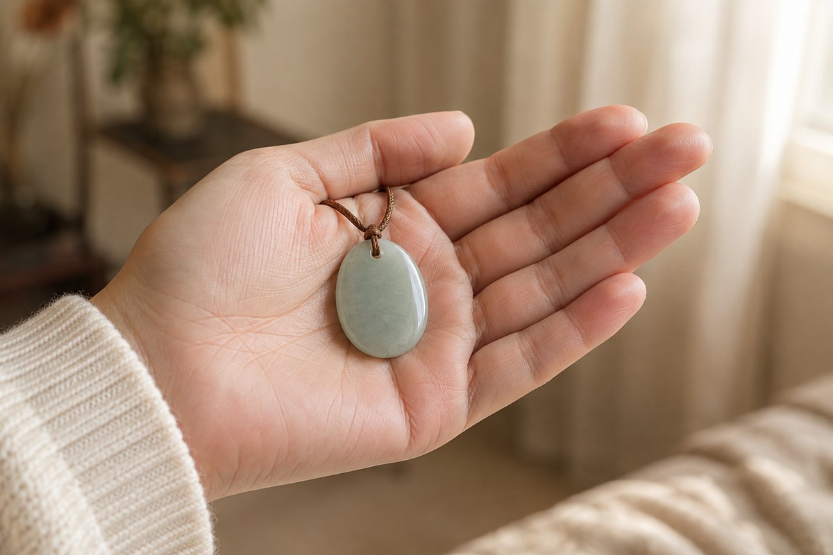 An oval pale green pendant on a brown cord rests in an open palm.