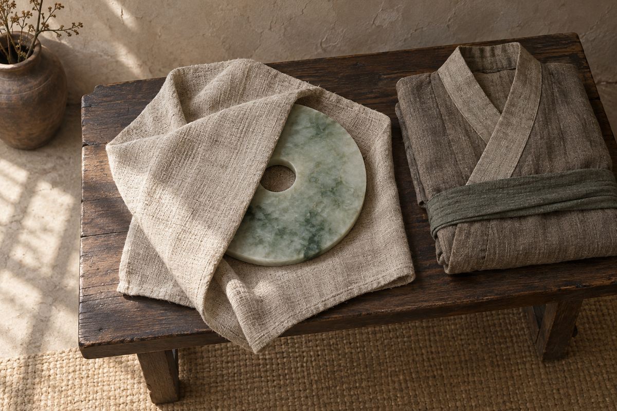 A jade disc is partly enclosed in a plain cloth bundle beside a coarse woven robe.