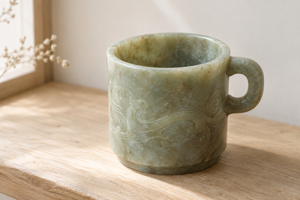 Cylindrical jade cup with an open mouth, one ear-shaped handle, and curling surface ornament.