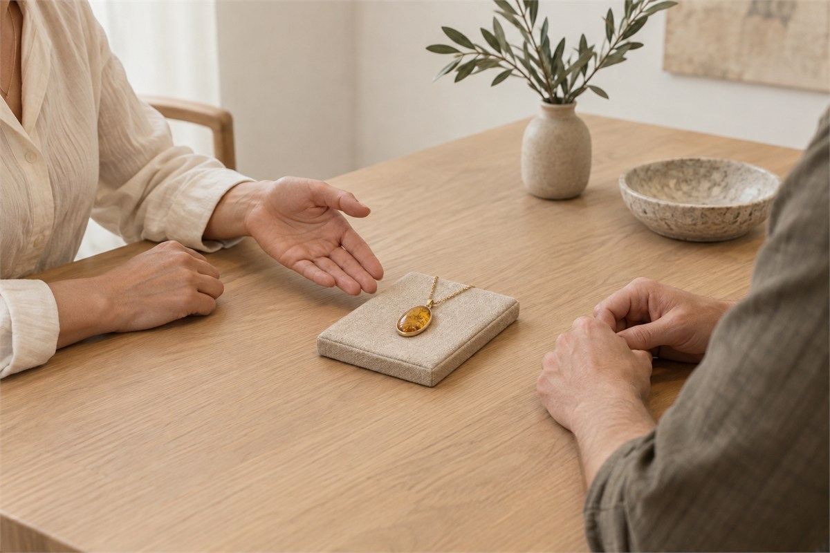 Two people discussing a golden pendant resting on a linen pad.