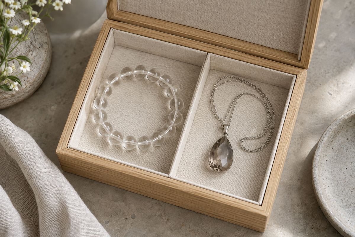 A clear bead bracelet and glass pendant resting in separate fabric-lined compartments.