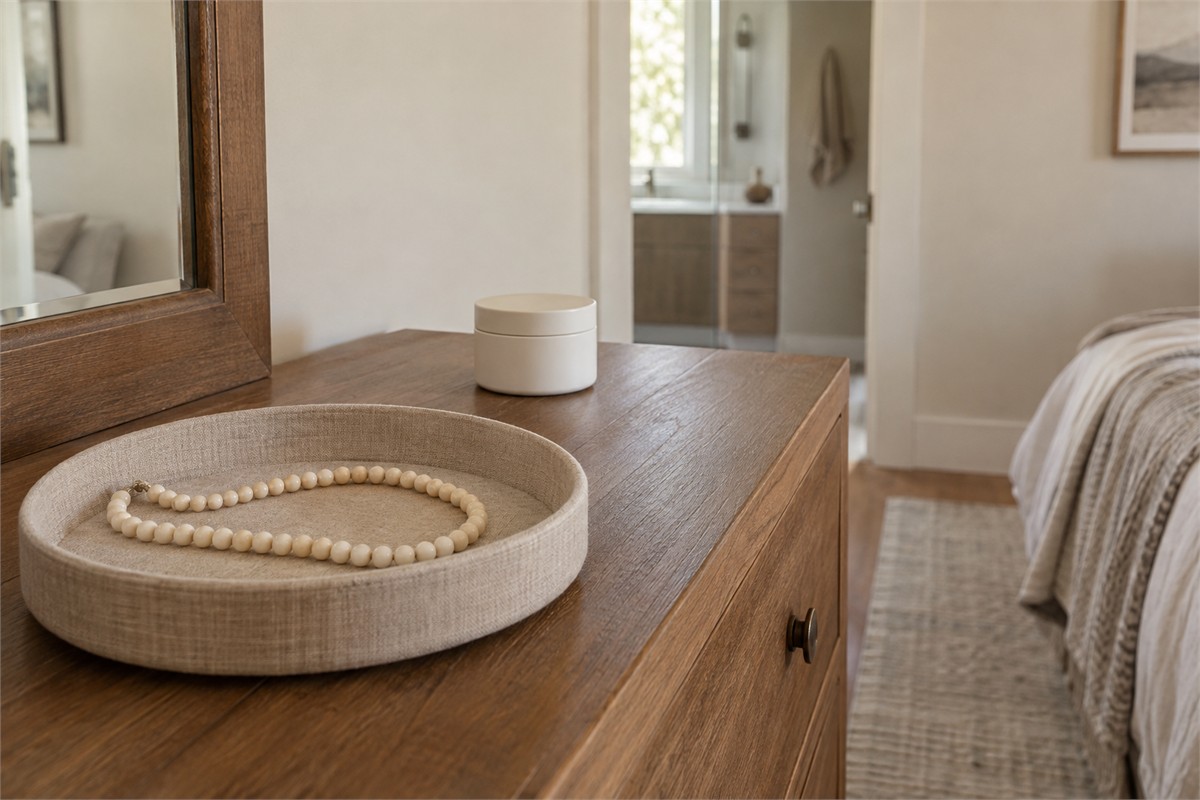 Pale necklace in a dry lined dish on a bedroom dresser.
