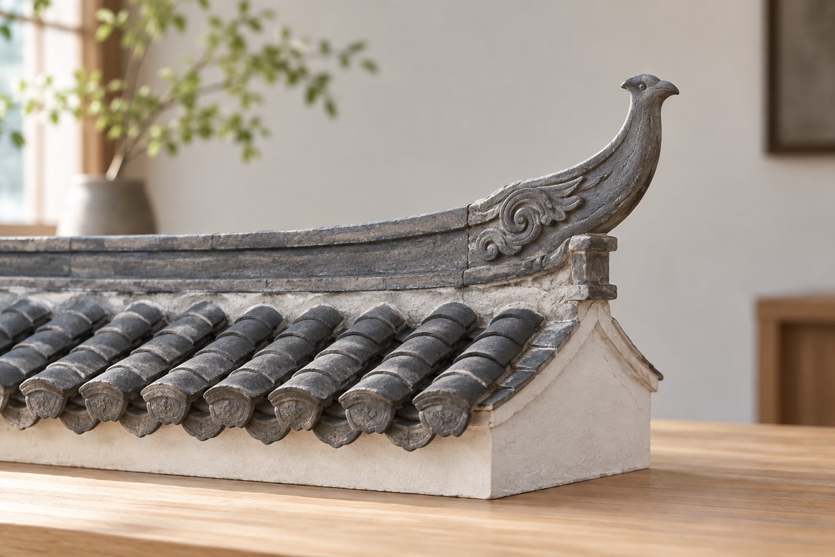 A gray bird-shaped ridge-end model above overlapping tiles and a white gable.