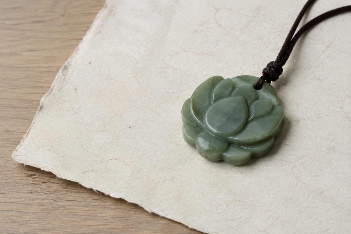 A green lotus-shaped pendant on a brown cord rests on ivory paper.