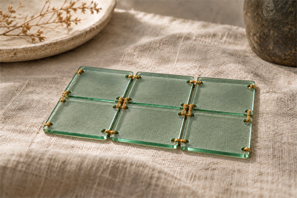Six flat green glass panels joined through holes with gold-colored threads.