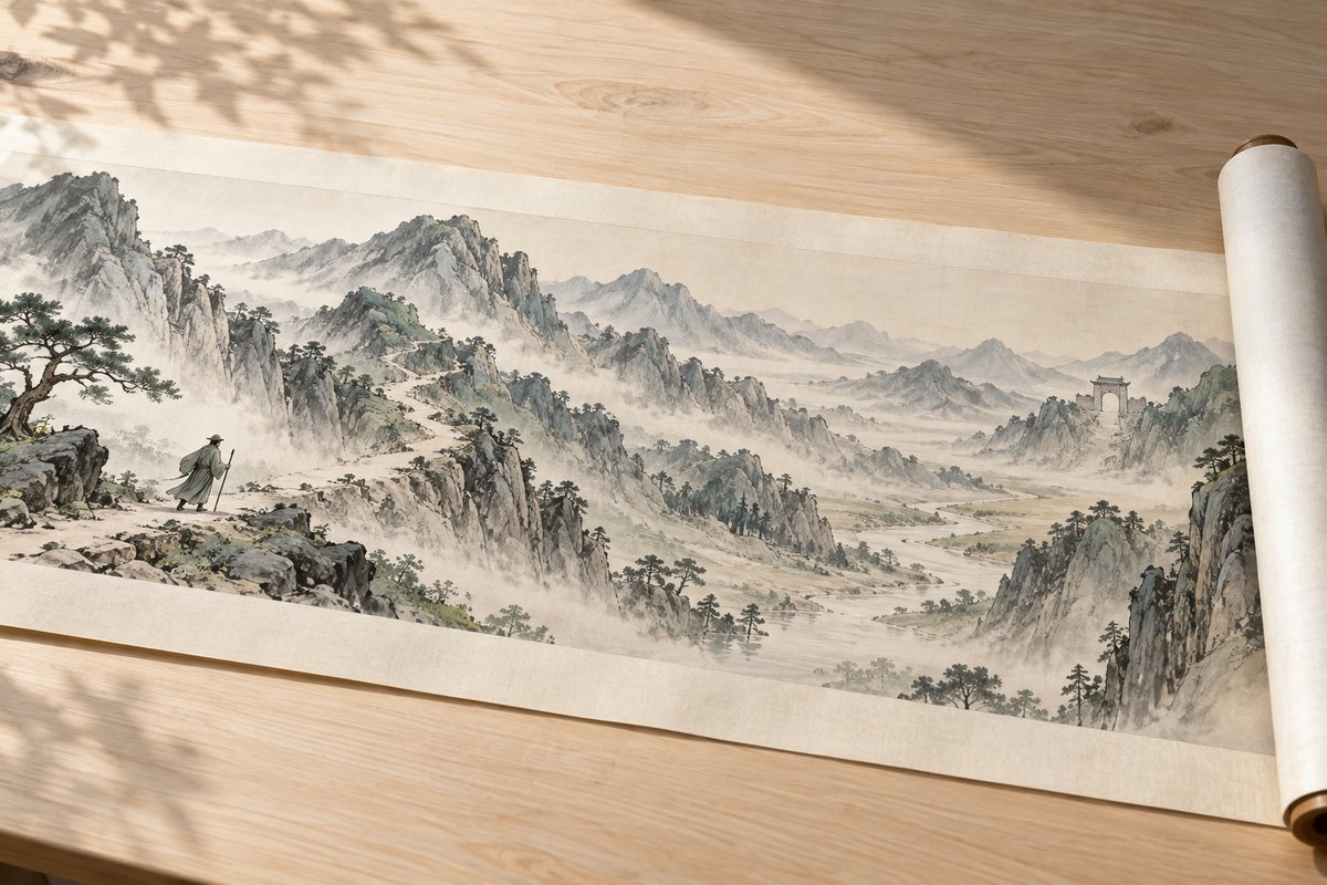A contemporary narrative scroll showing a solitary traveler and winding mountain paths.