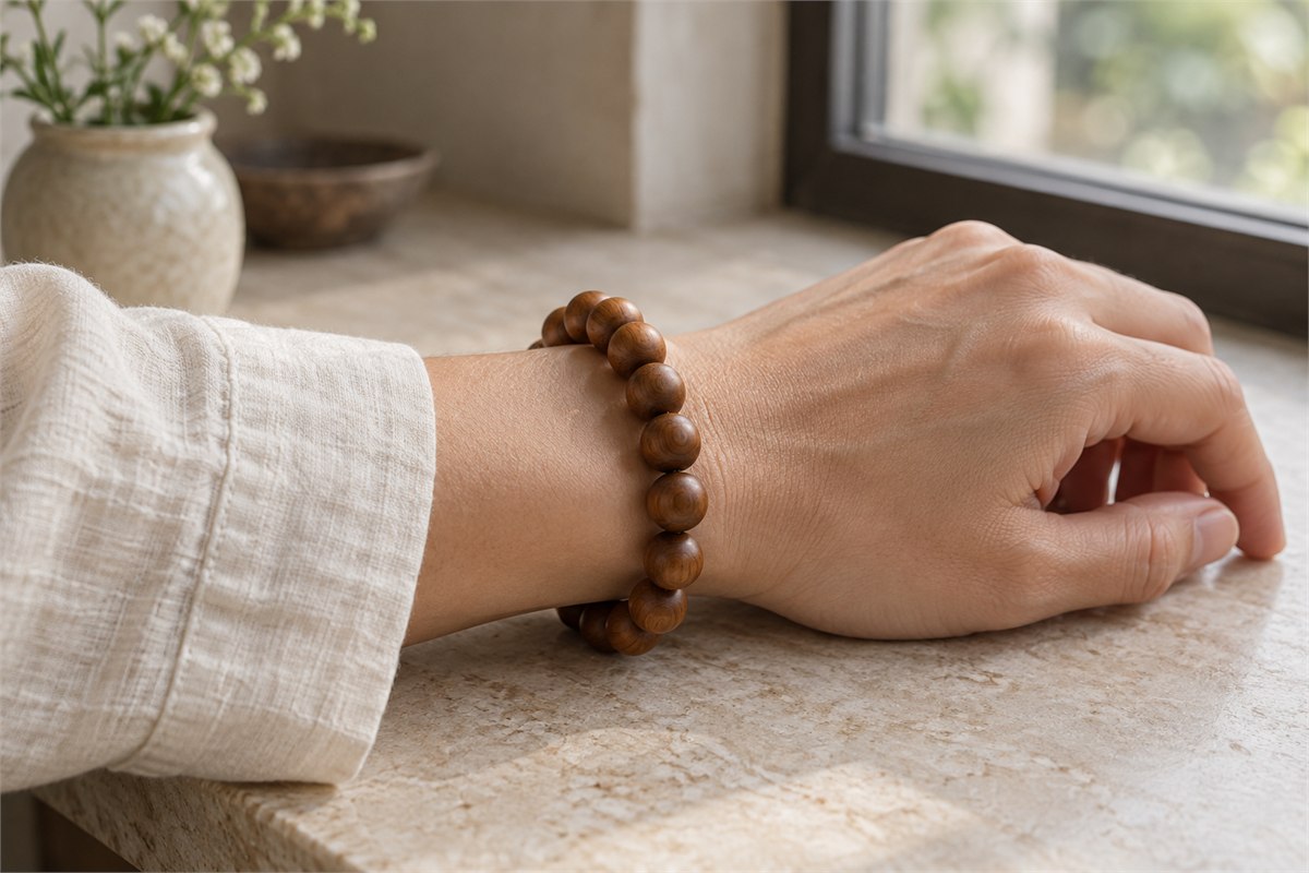 Round brown wooden beads worn on a relaxed wrist beside an ivory linen sleeve.