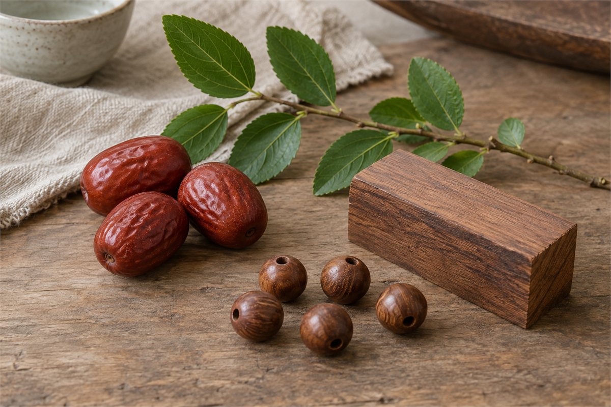 Reddish jujube fruits and a leafy twig beside a small wood billet and loose wooden beads.