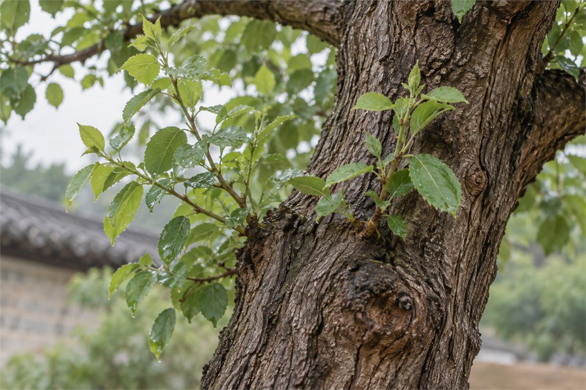 Fresh green shoots grow from the trunk of a jujube tree after rain.