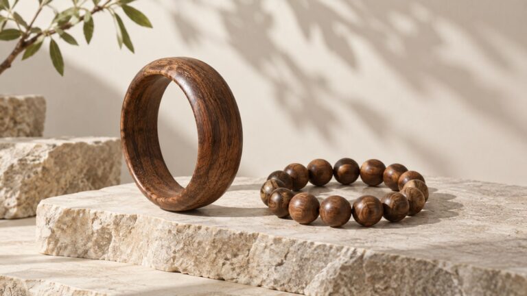 A wooden bead bracelet and solid bangle are arranged on warm pale stone in soft daylight.
