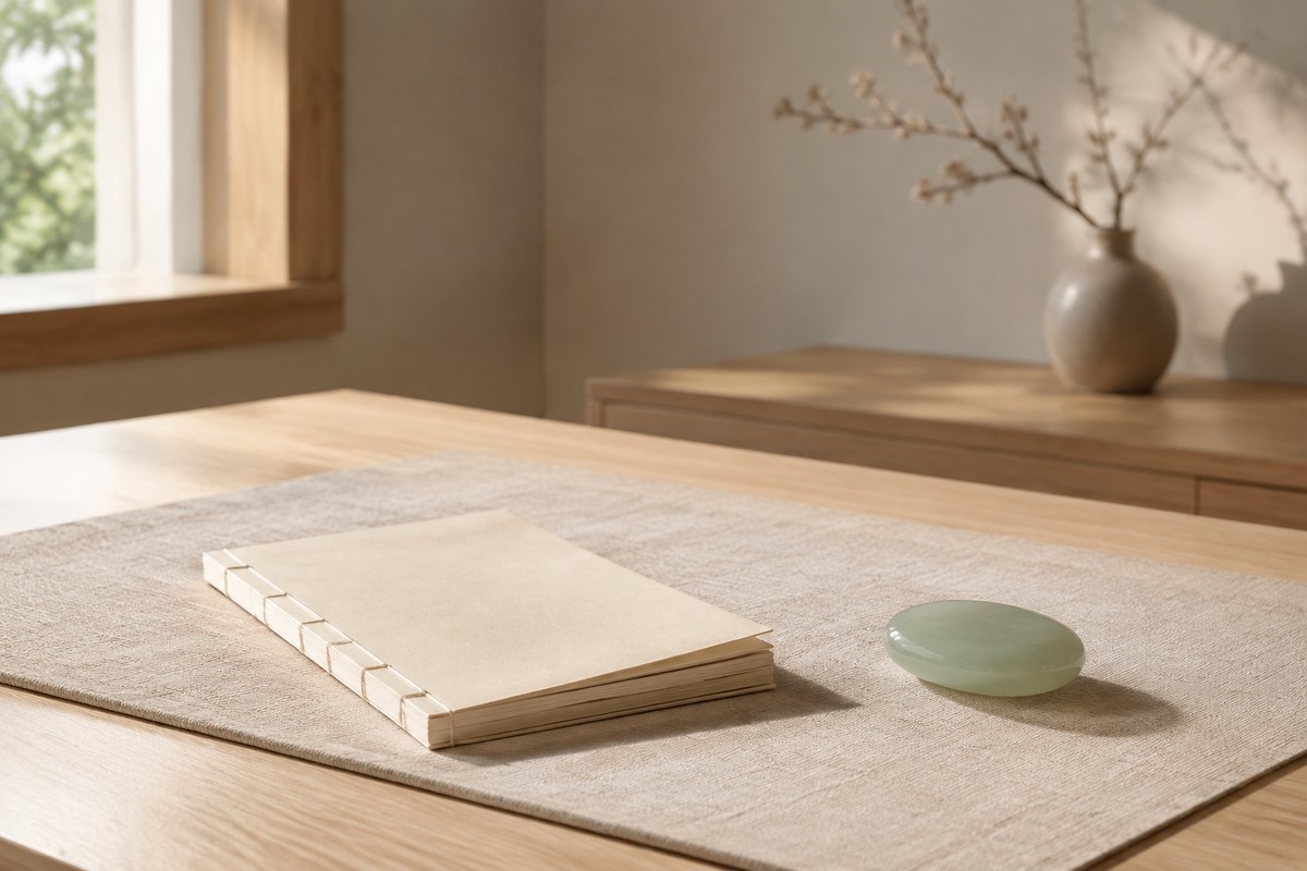 A pale green oval stone beside a thread-bound book on a linen-covered desk.