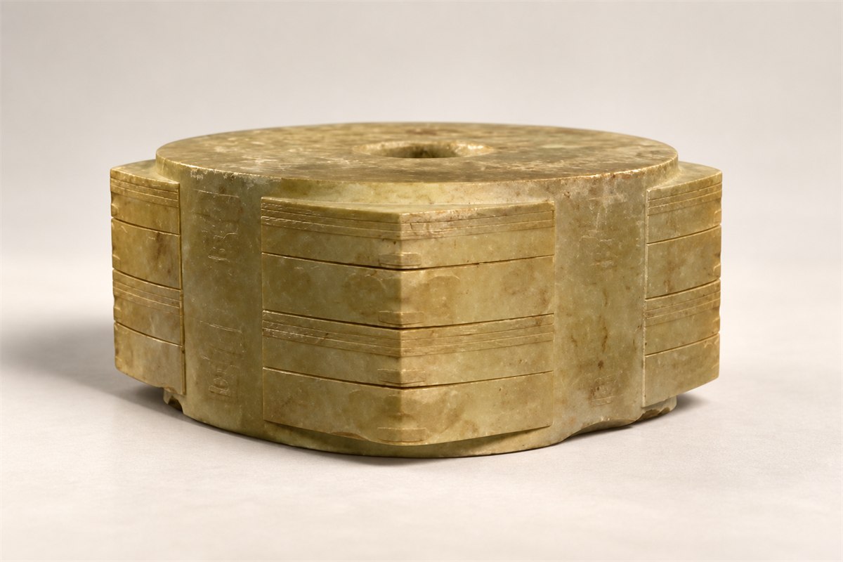 Low broad olive-colored cong model with a small central bore and shallow horizontal bands.