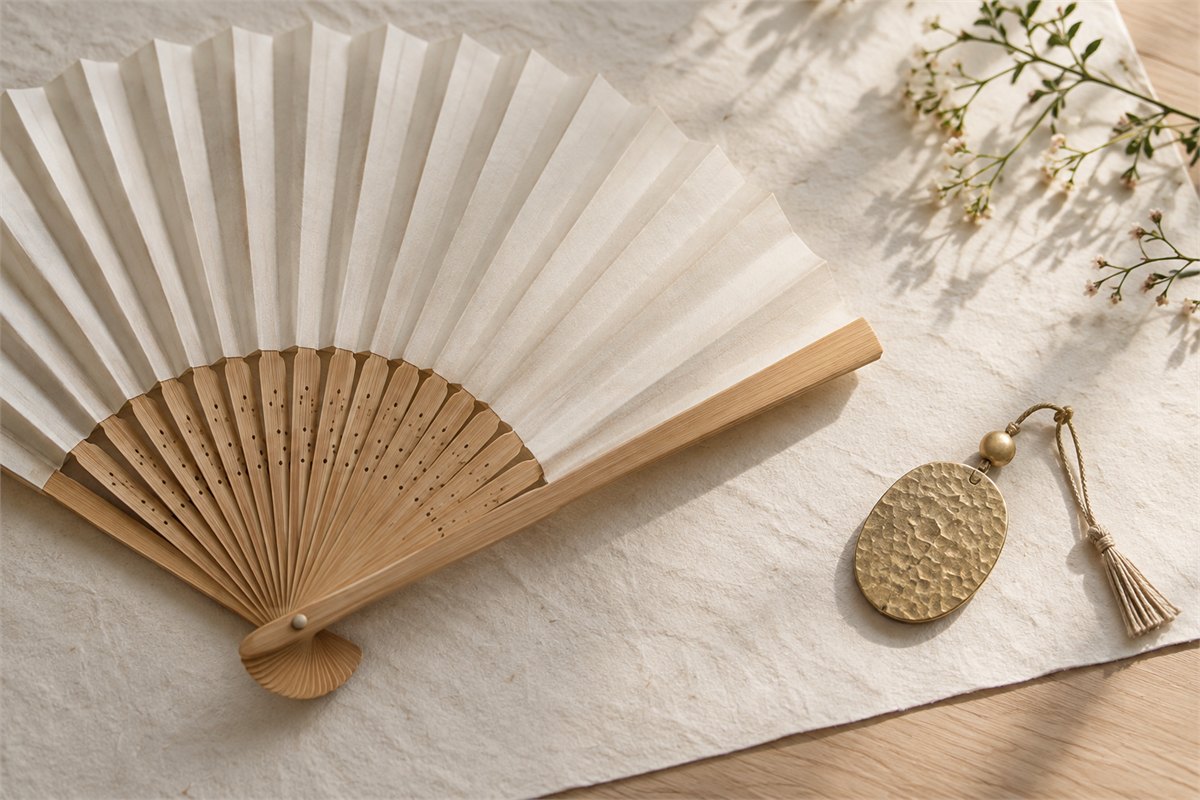 Ivory folding fan with bamboo ribs beside a textured oval charm.