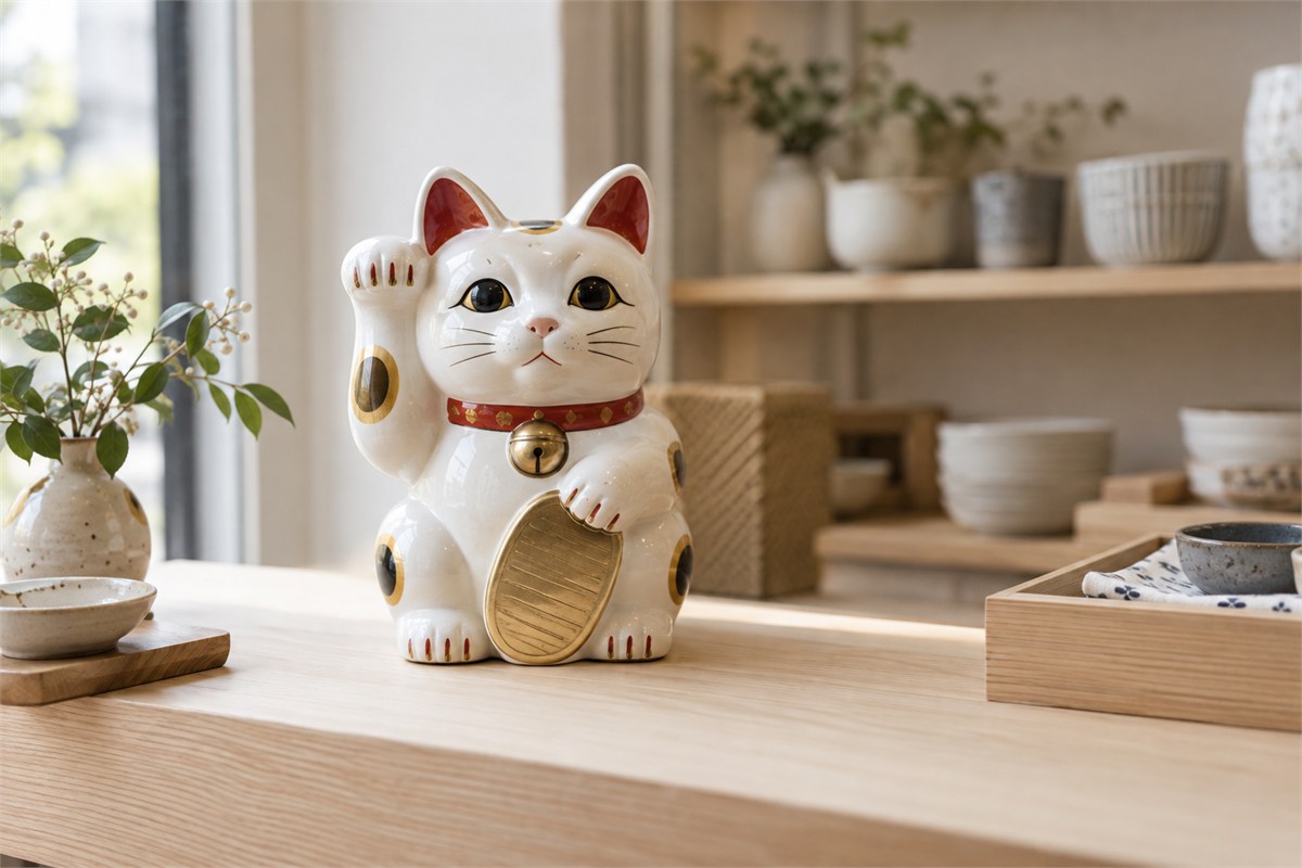 White ceramic lucky cat holding an oval gold-colored coin on a shop counter.