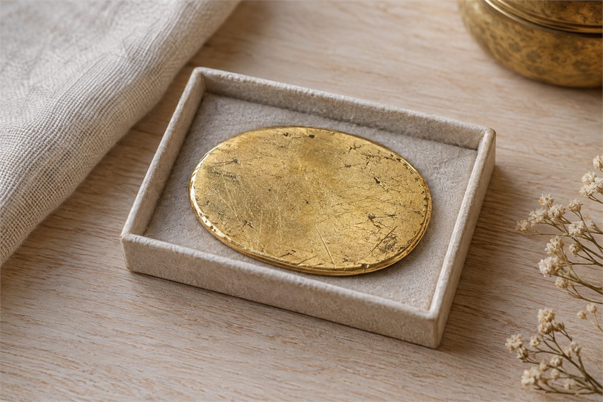 Textured gold-colored oval study resting in an individual pale display tray.