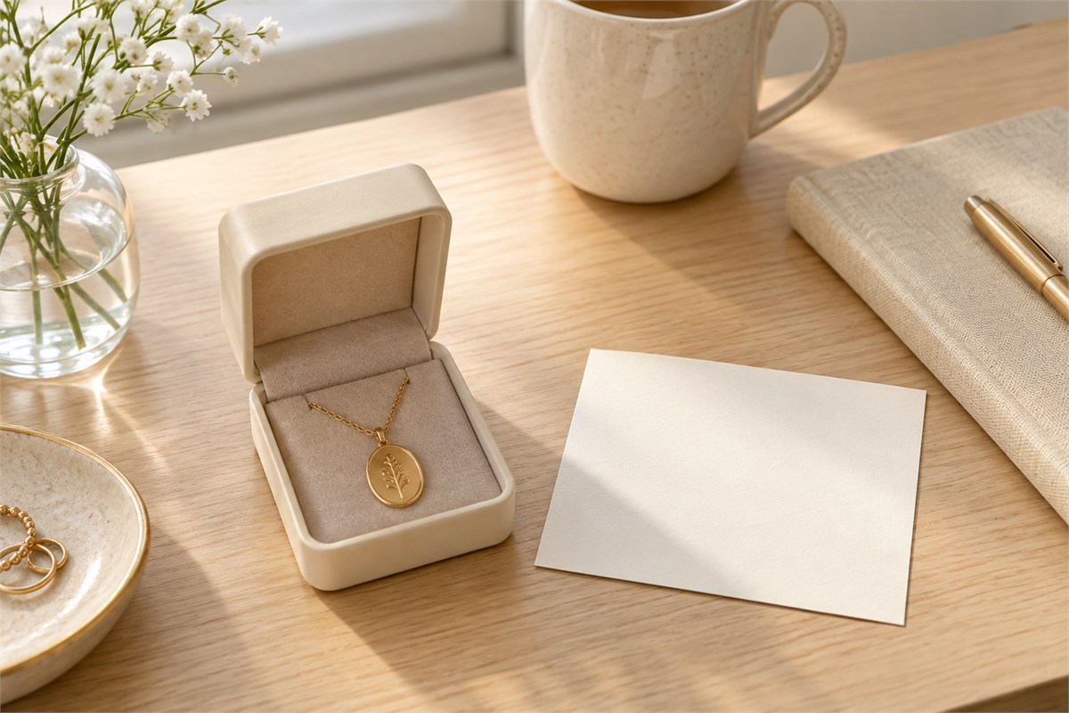 Small oval pendant in an open jewelry box beside a blank card and a notebook.