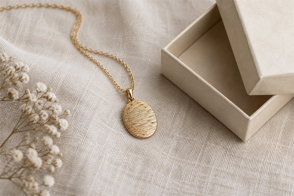 Textured oval gold-tone pendant and fine chain beside an ivory gift box.