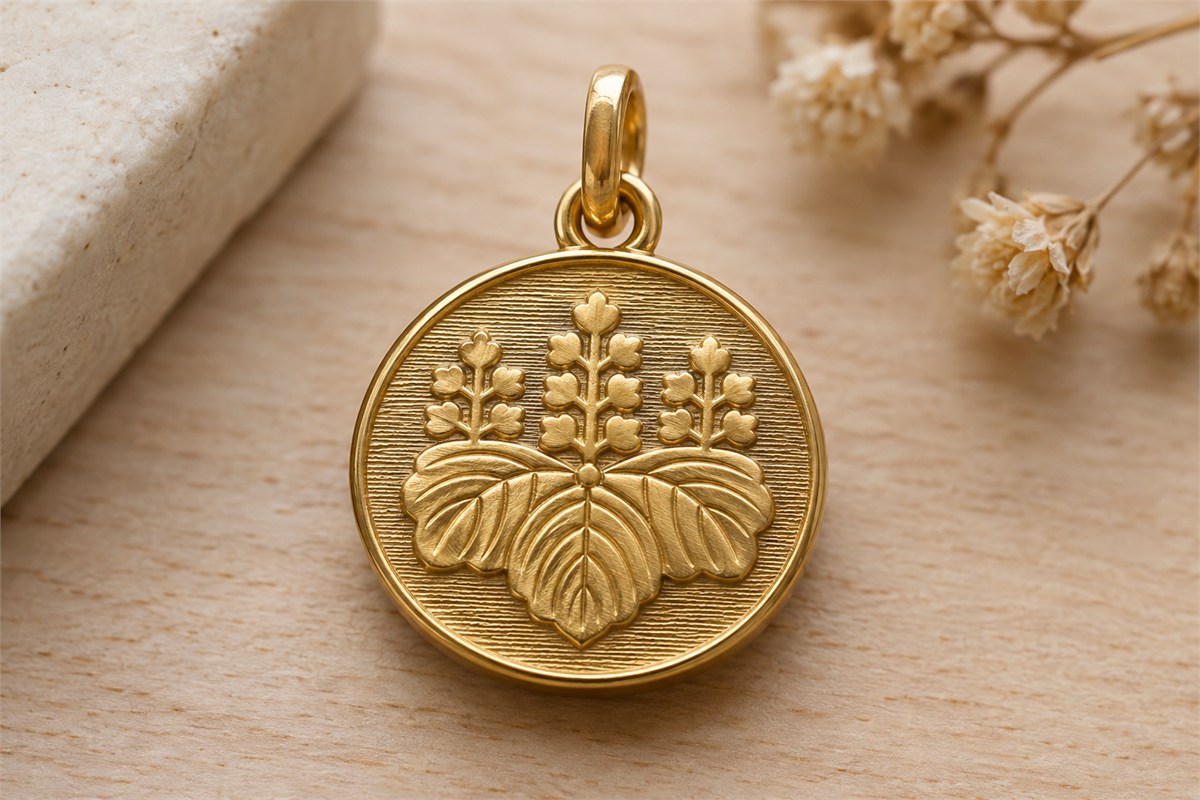 Three-leaf paulownia motif with upright flower stalks on a modern gold-tone pendant.