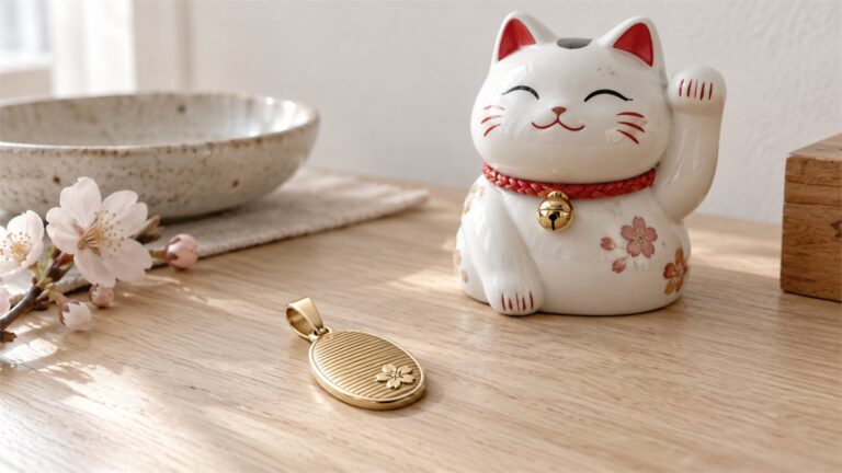 Gold-tone oval pendant lying beside a white ceramic beckoning cat on pale wood.