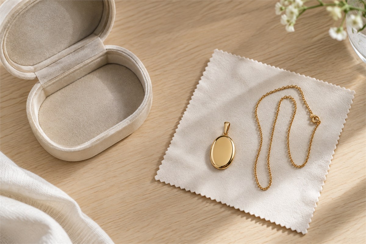 Oval pendant and chain lying separately on a soft cloth beside an open storage box.